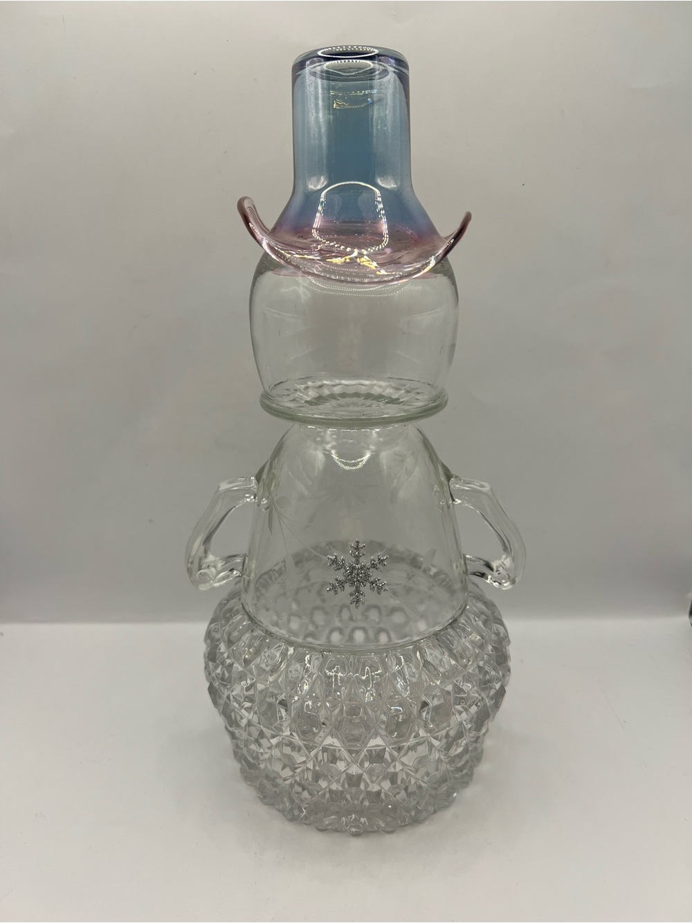 Glass Snowman Made From Vintage Glassware One of a Kind Creation 10”